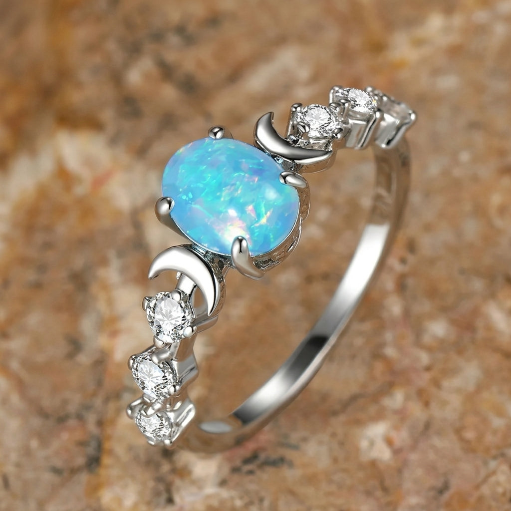 Crescent Moon Opal Center Ring