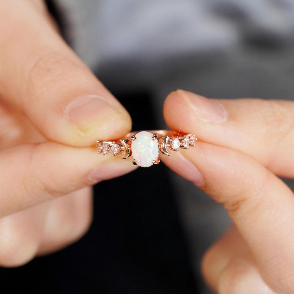 Crescent Moon Opal Center Ring