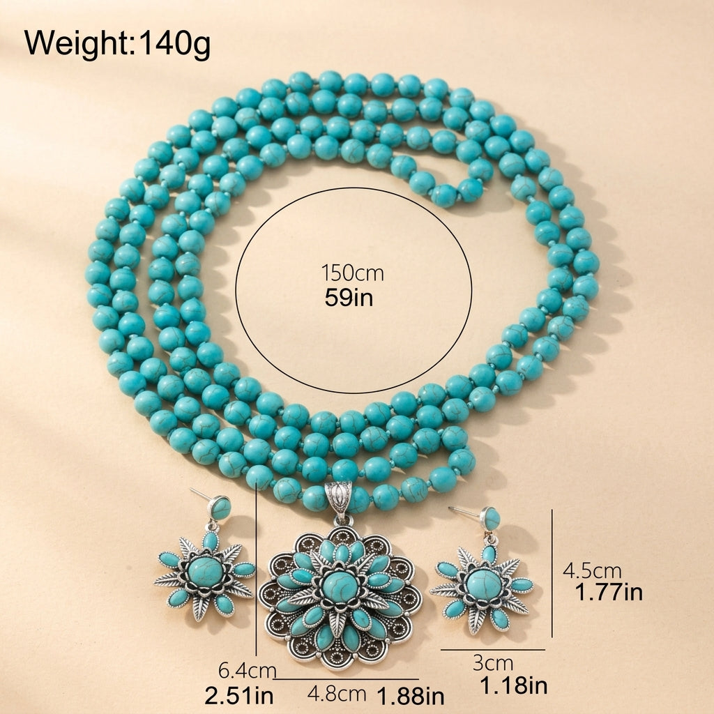 Boho Turquoise Floral Necklace and Earrings Set