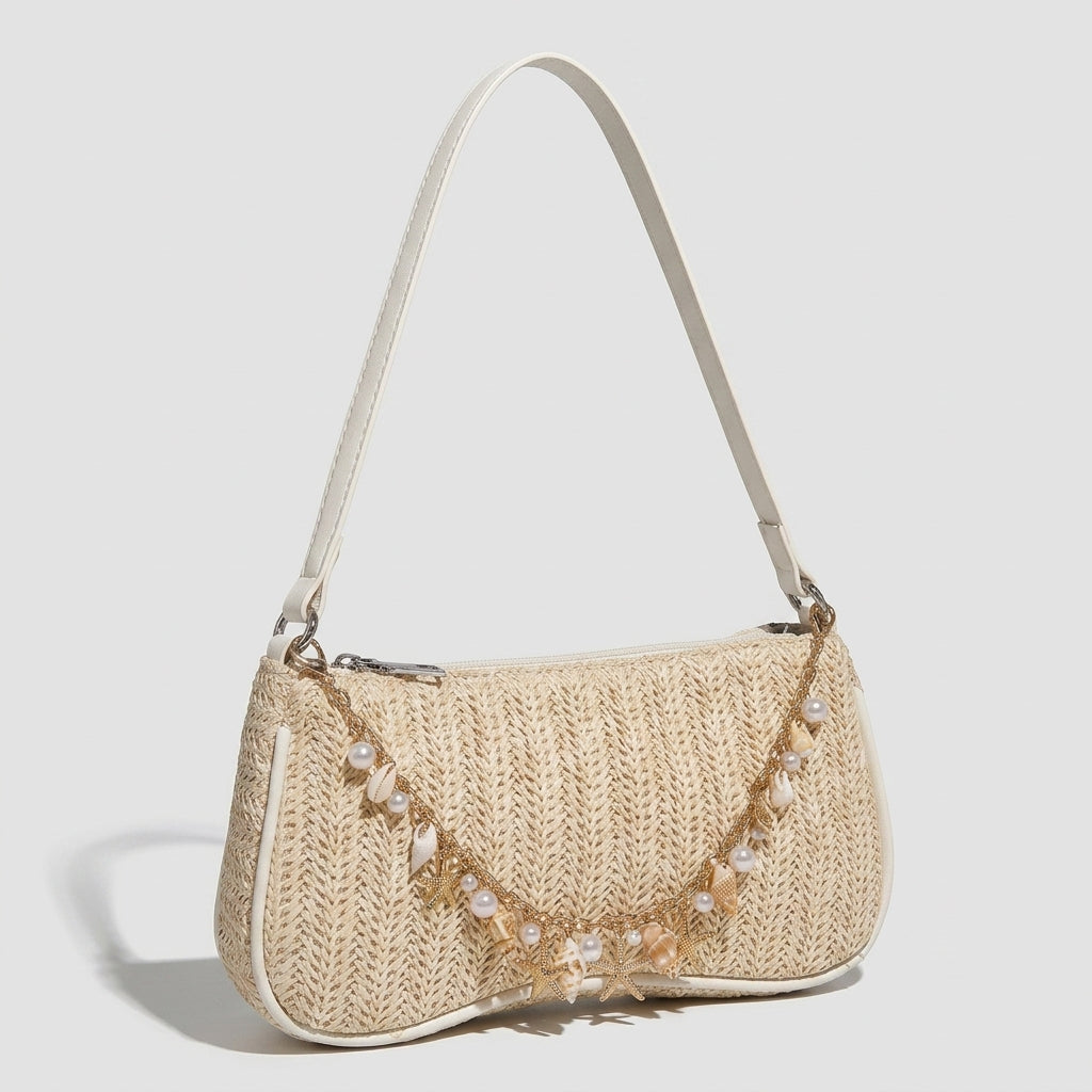 Boho Sea Shell Straw Baguette Bag