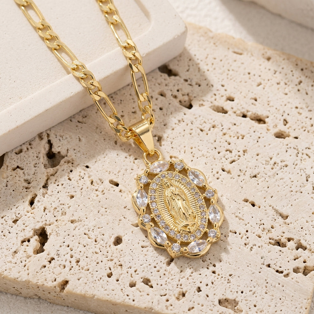 CZ Accented Halo Virgin Mary Necklace