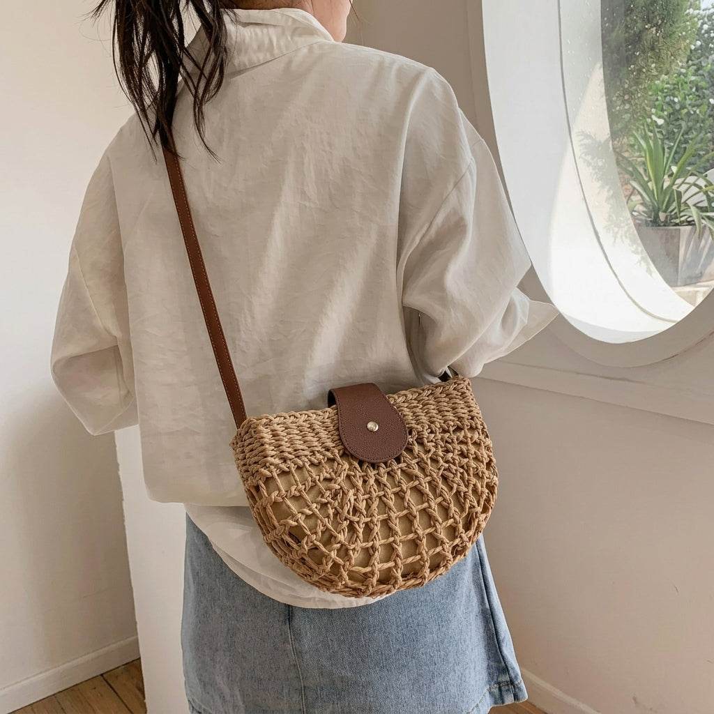 Elegant Rattan Straw Semi-Circle Bag