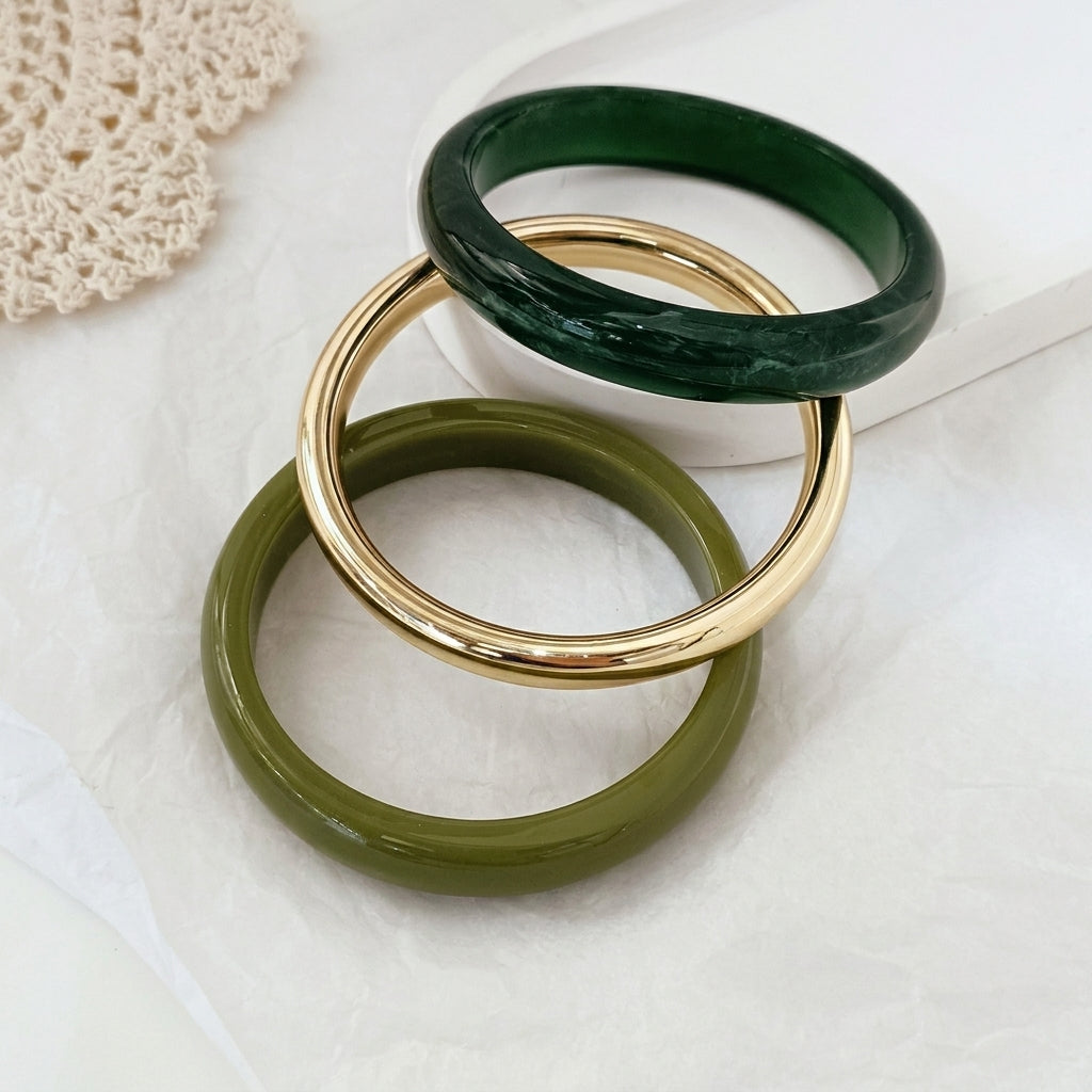 3pc Resin Green & Gold Bracelet Stack