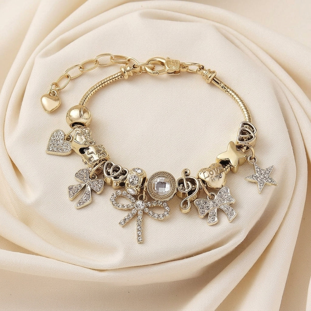 Elegant Bow & Heart Charm Bracelet
