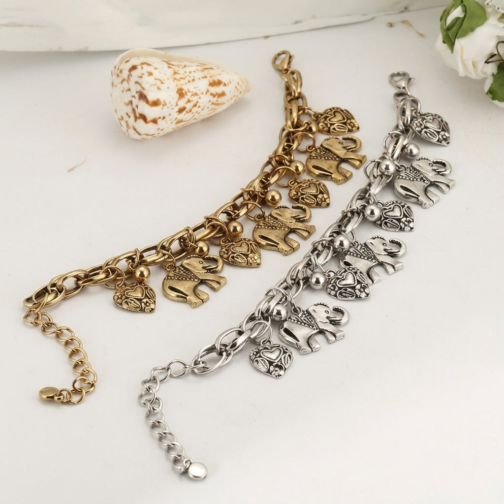 Vintage Elephant & Heart Charm Anklet
