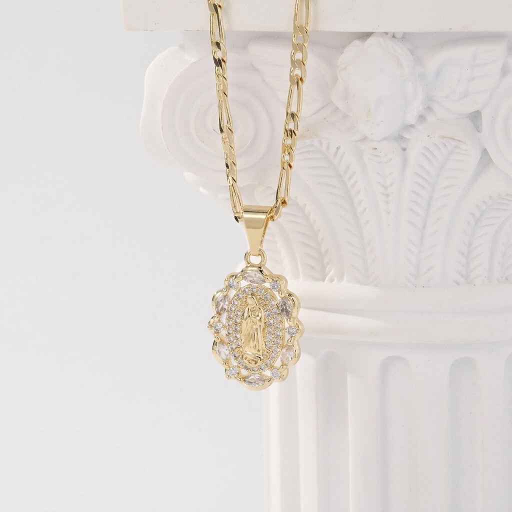CZ Accented Halo Virgin Mary Necklace