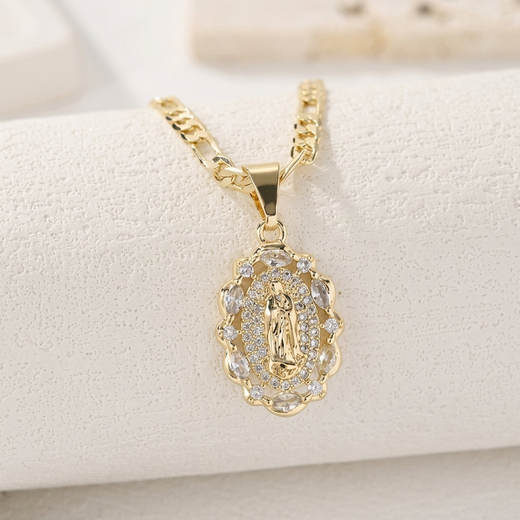 CZ Accented Halo Virgin Mary Necklace