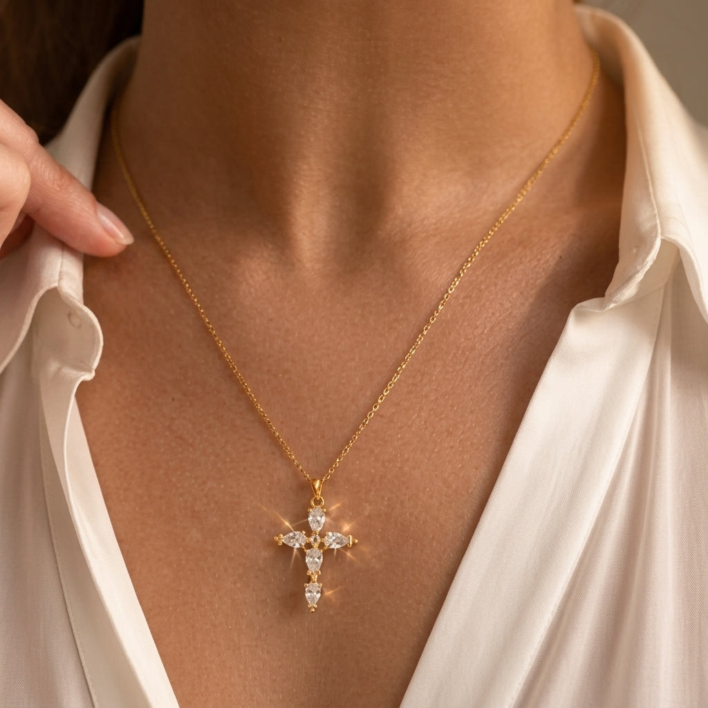 14k Pear Cut Cross Necklace