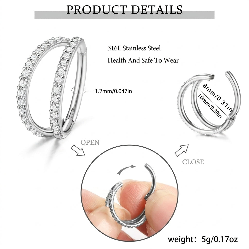 18G Minimal Double Band Pave Nose Ring