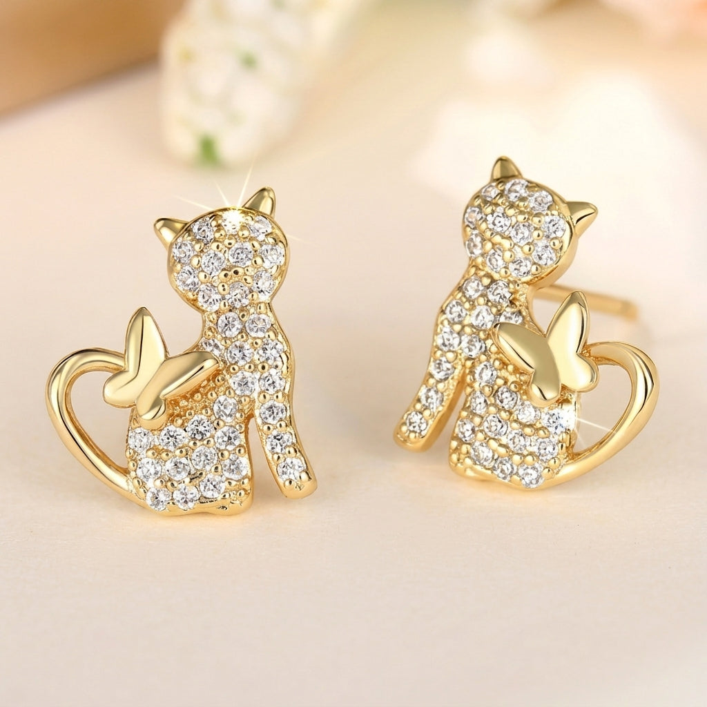 Dainty Cat Heart Butterfly Stud Earrings