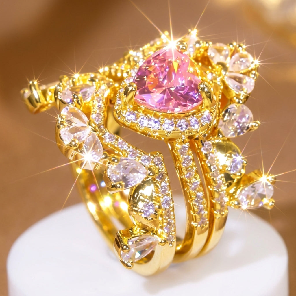 3pc Pink Heart Crown Stackable Ring Set