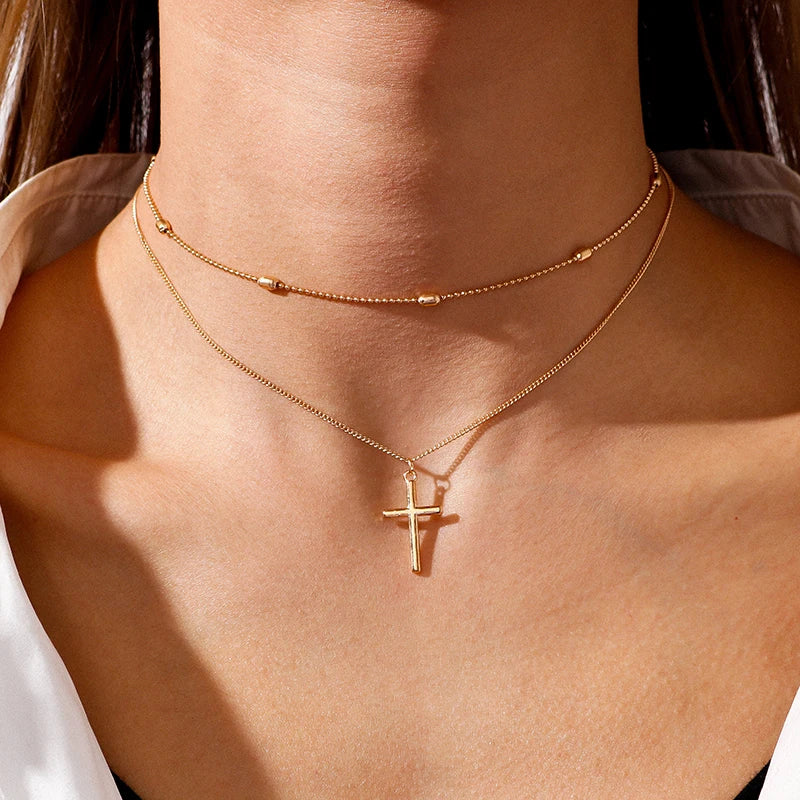 Dainty Layered Choker and Cross Necklace