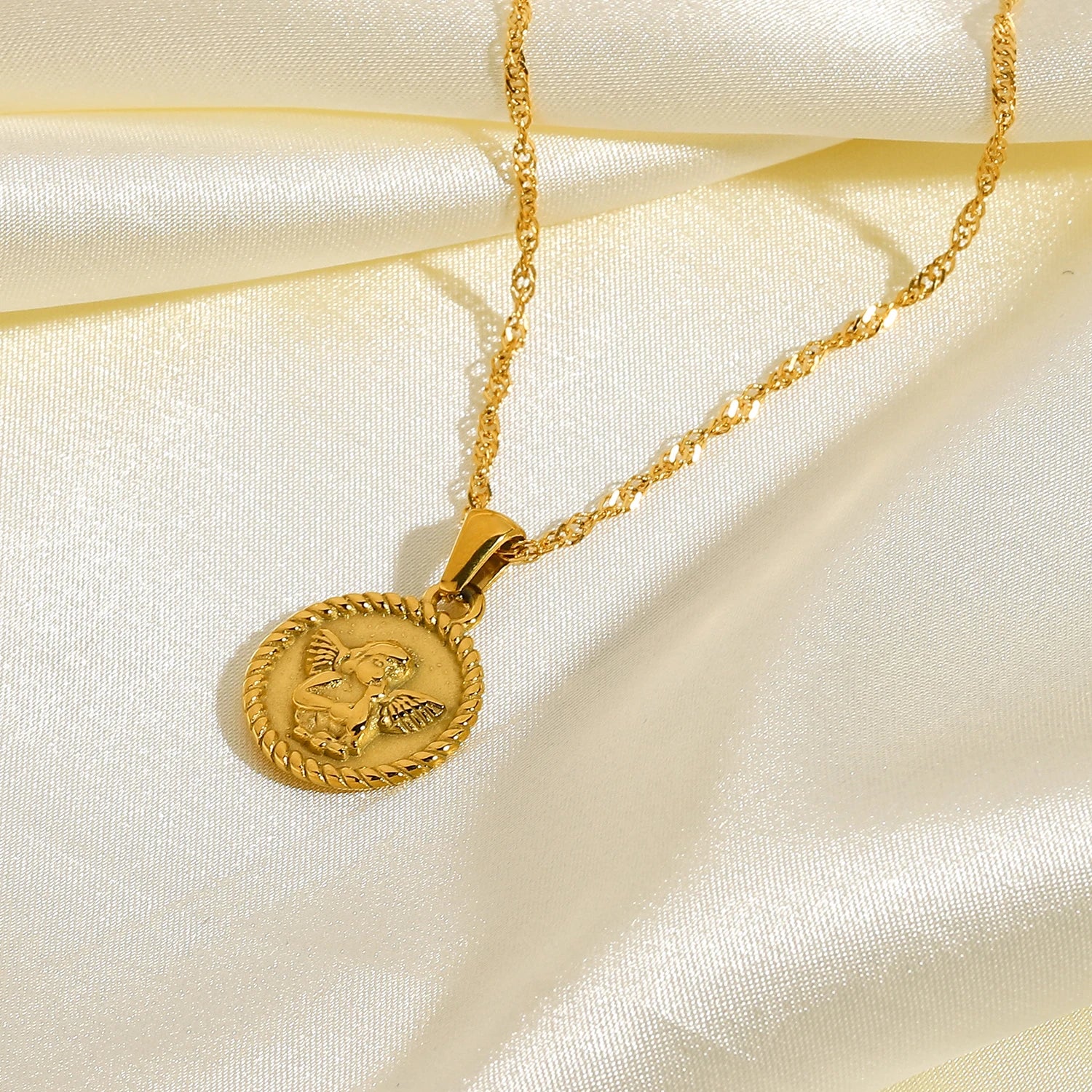 18k Dainty Textured Angel Pendant Necklace