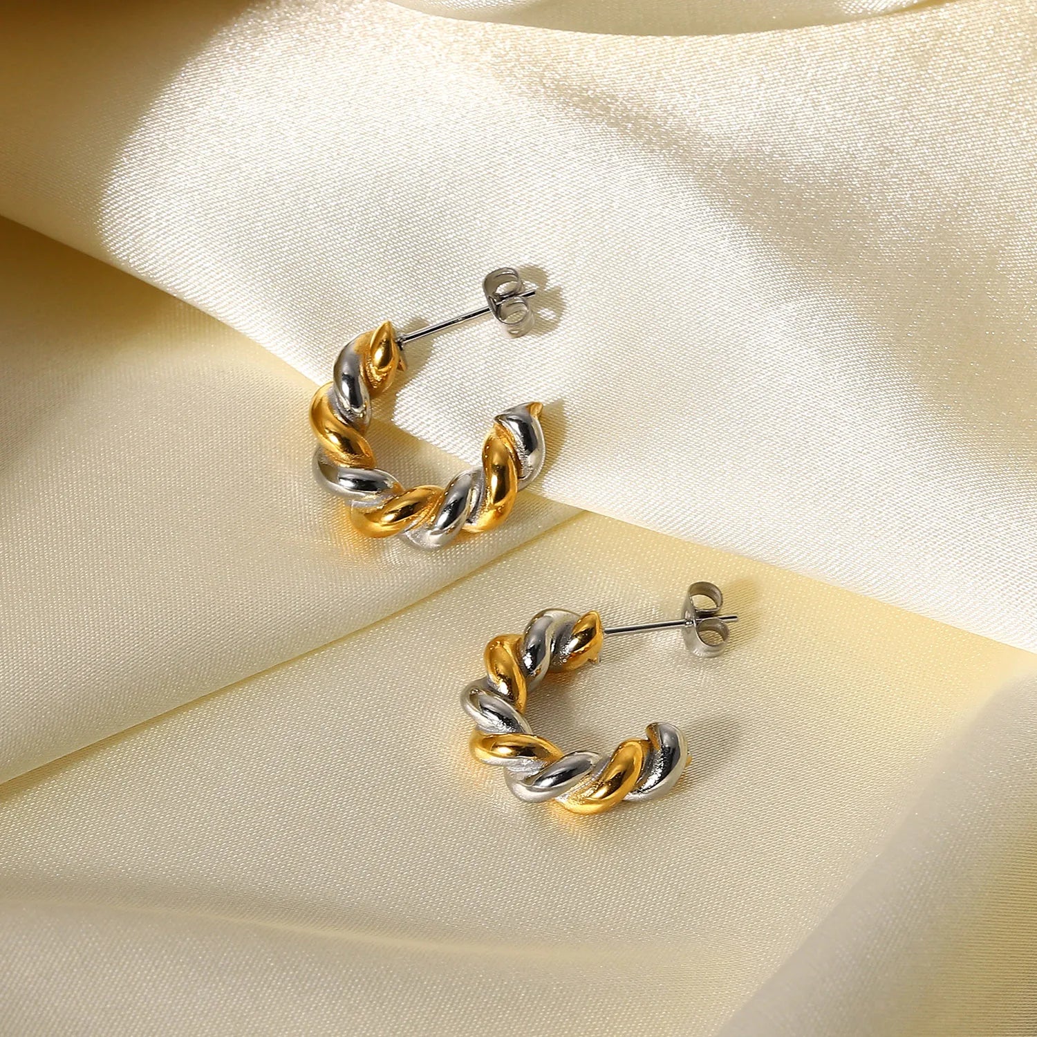 18k Two Tone Twist Spiral C Hoop Earrings