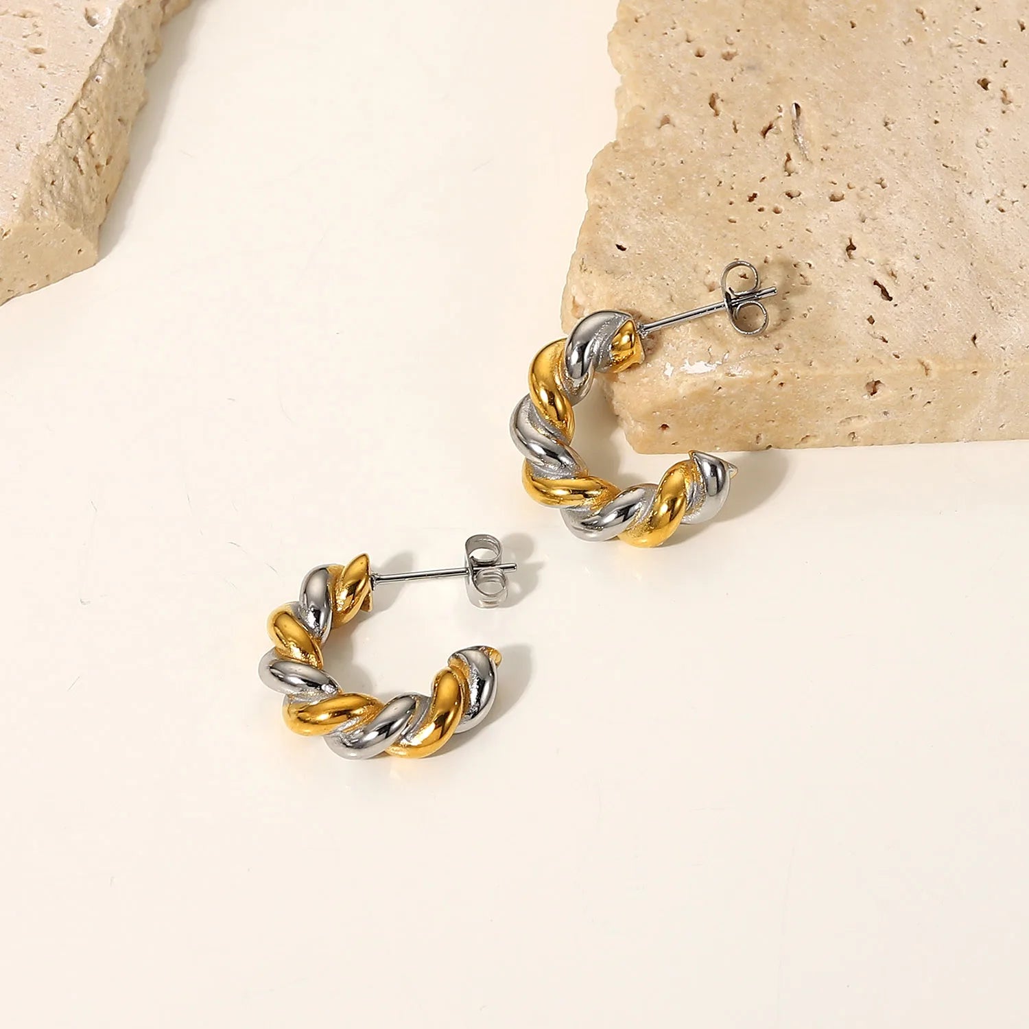 18k Two Tone Twist Spiral C Hoop Earrings