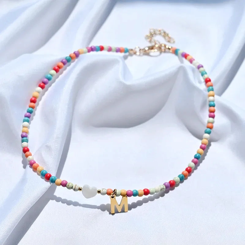 Colorful Beaded Initial Choker Necklace - Veinci