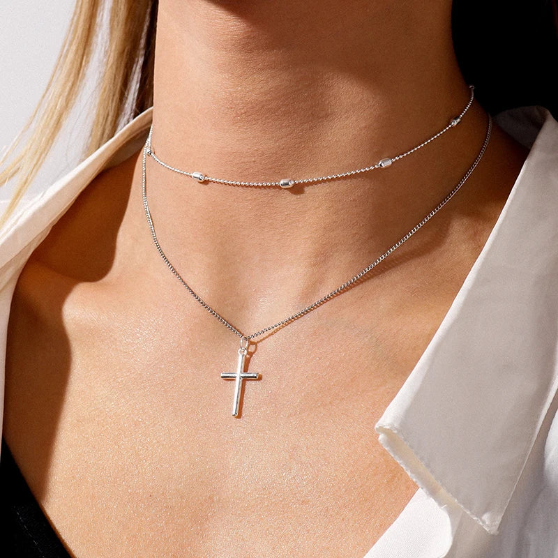 Dainty Layered Choker and Cross Necklace