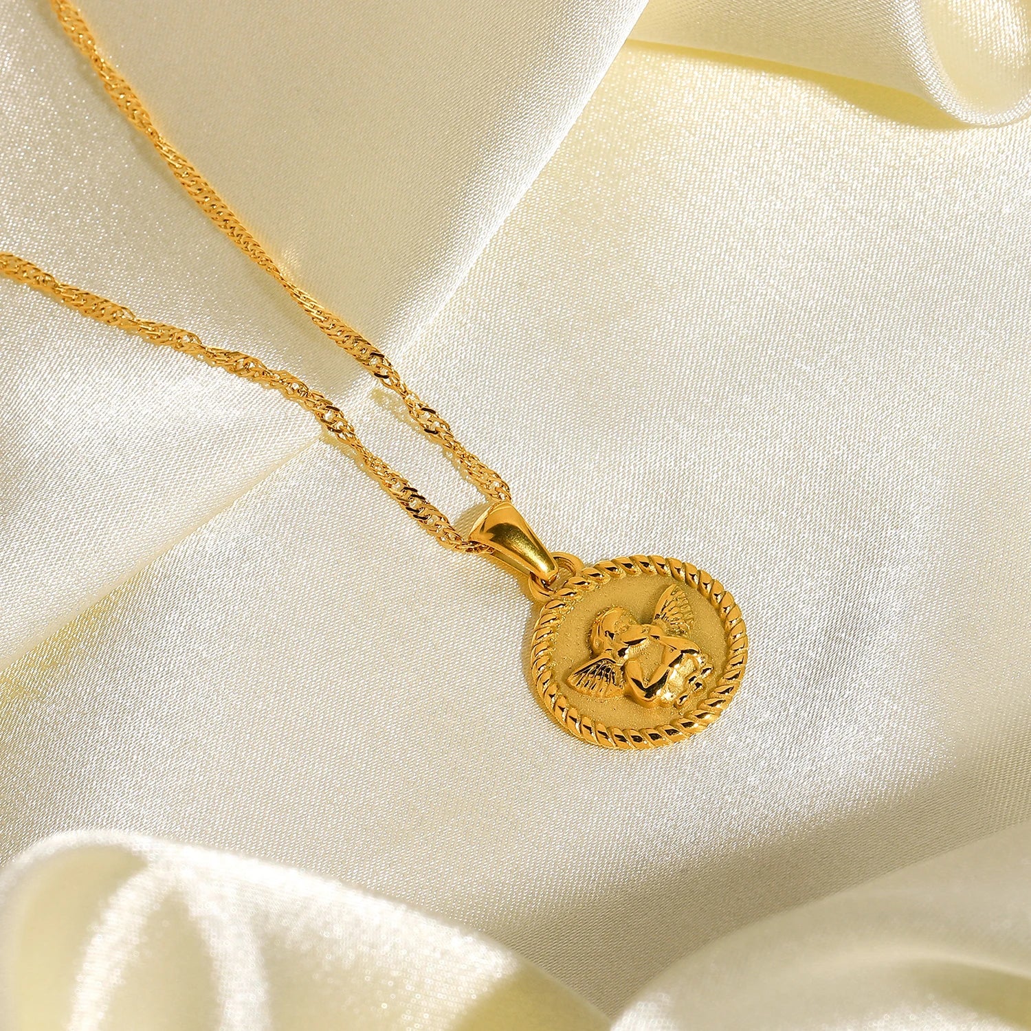 18k Dainty Textured Angel Pendant Necklace