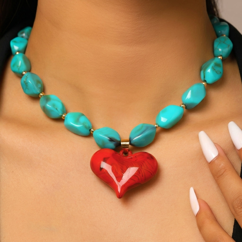 Chunky Resin Stone & Heart Necklace