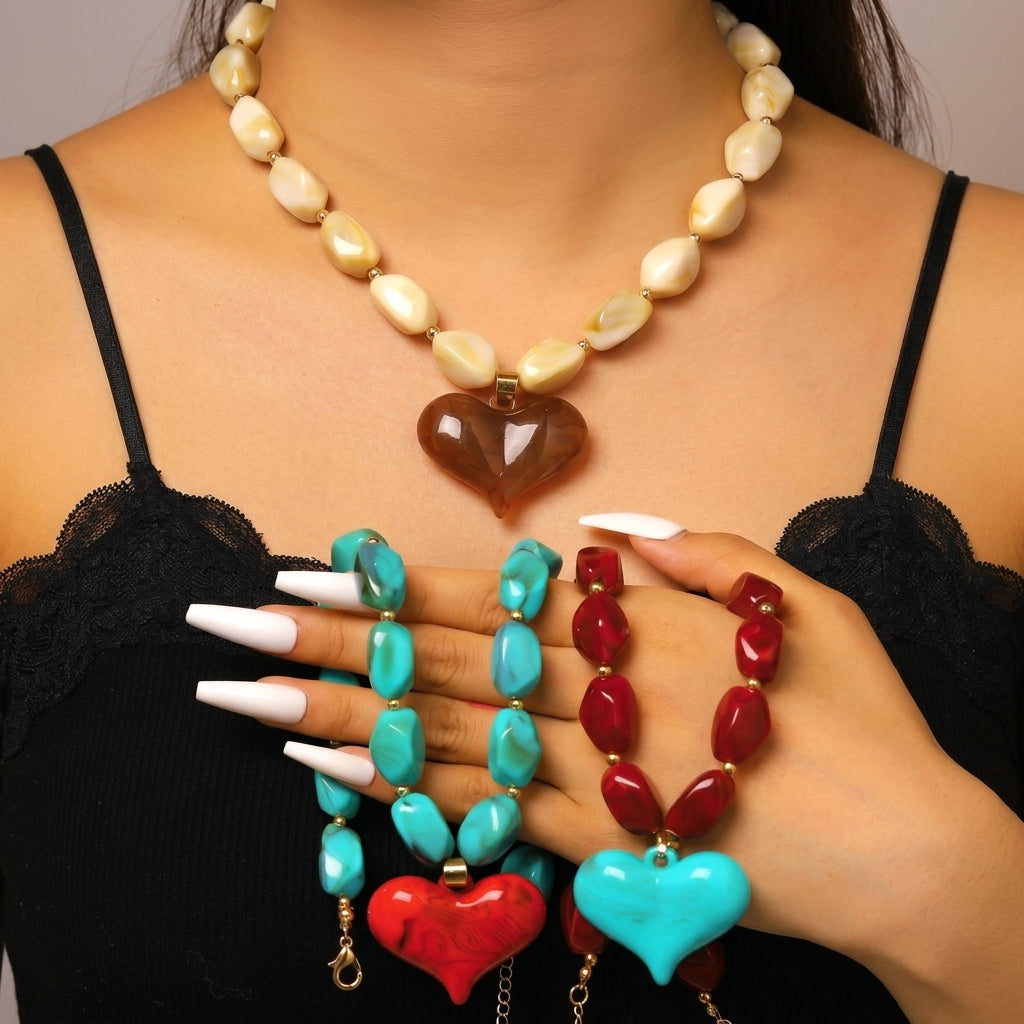 Chunky Resin Stone & Heart Necklace