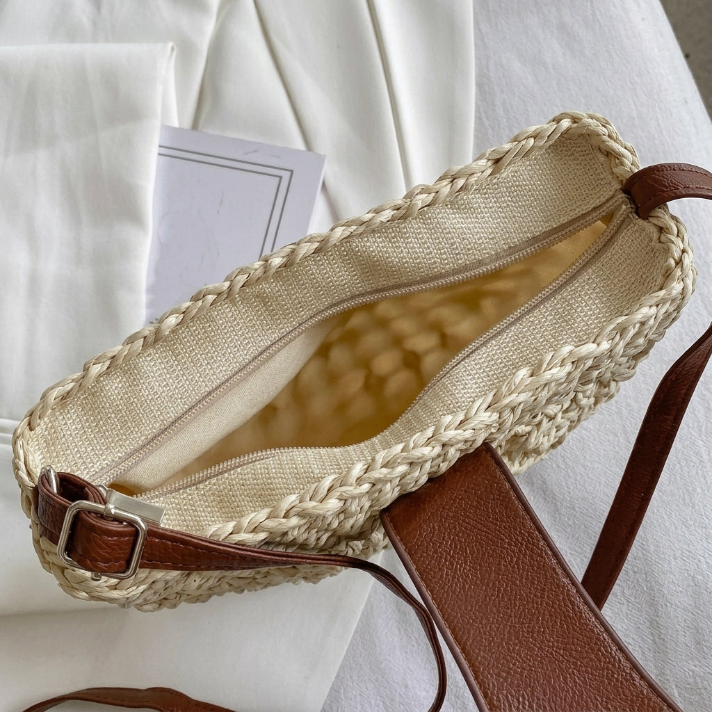 Elegant Rattan Straw Semi-Circle Bag