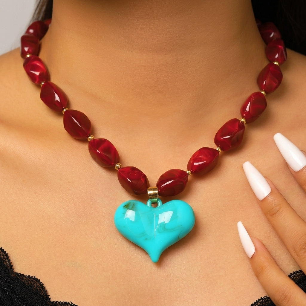 Chunky Resin Stone & Heart Necklace