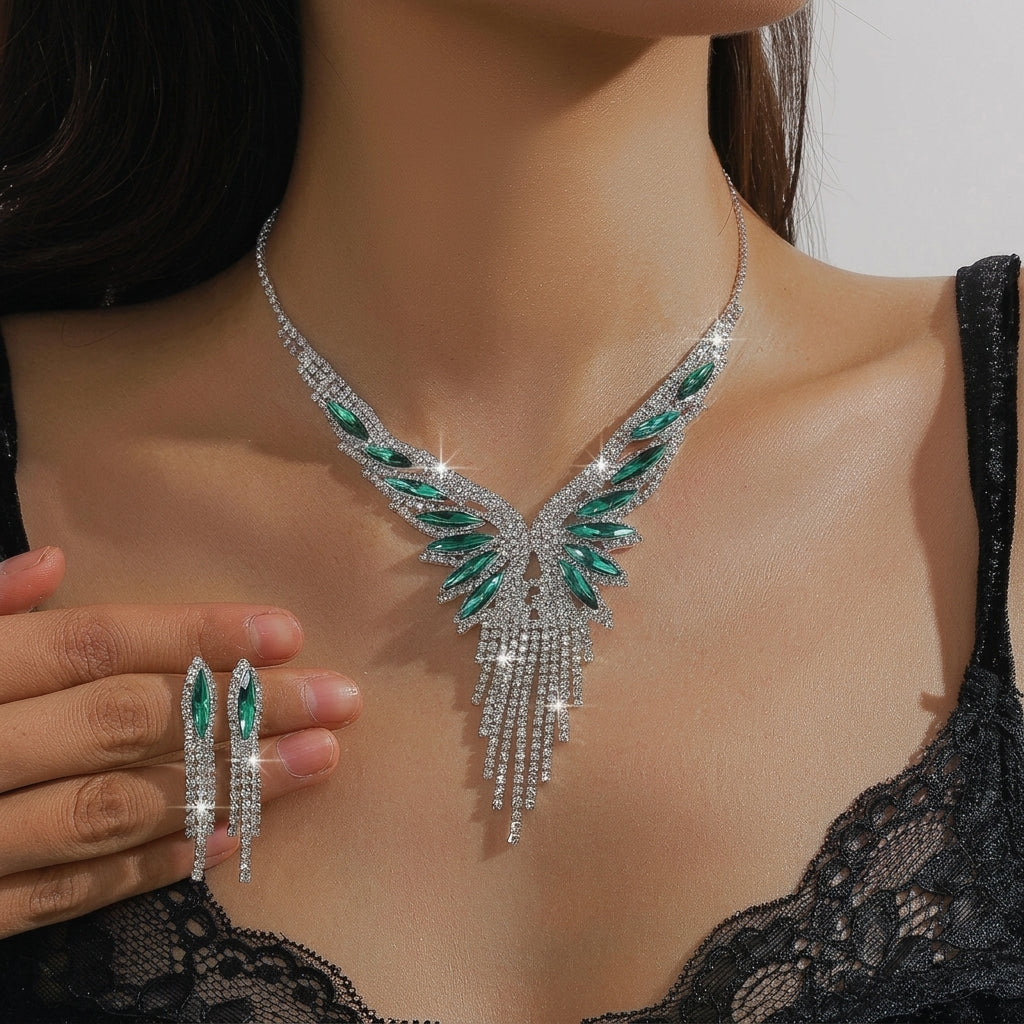Elegant CZ Accented Wing Necklace & Earrings Set