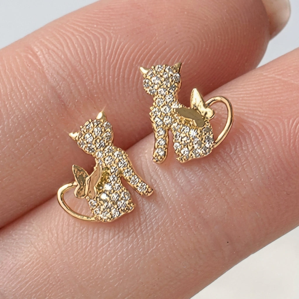 Dainty Cat Heart Butterfly Stud Earrings
