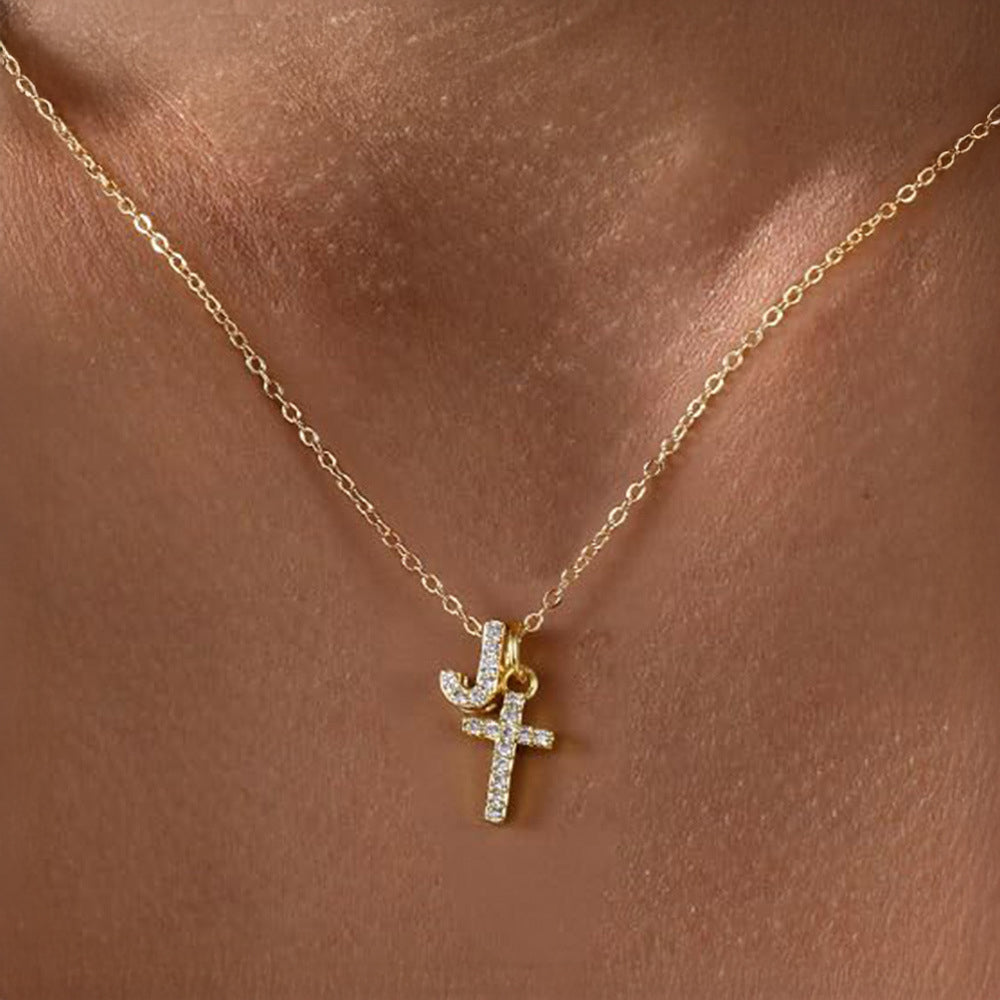 Dainty Diamond Initial & Cross Necklace