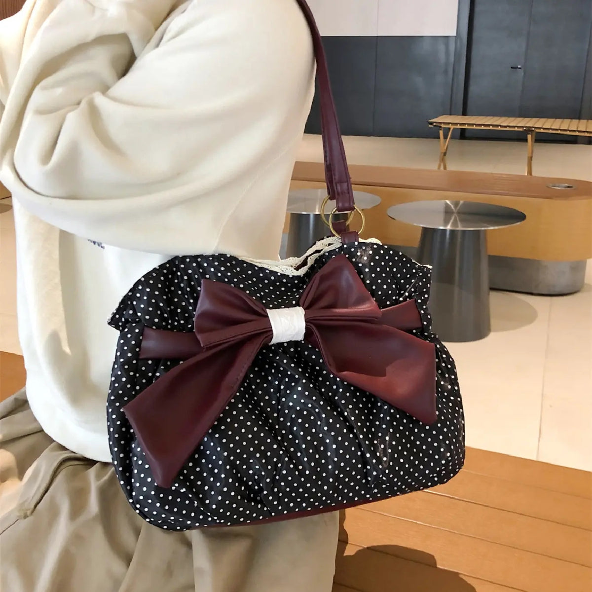 Polka Dot Bow Accent Shoulder Bag