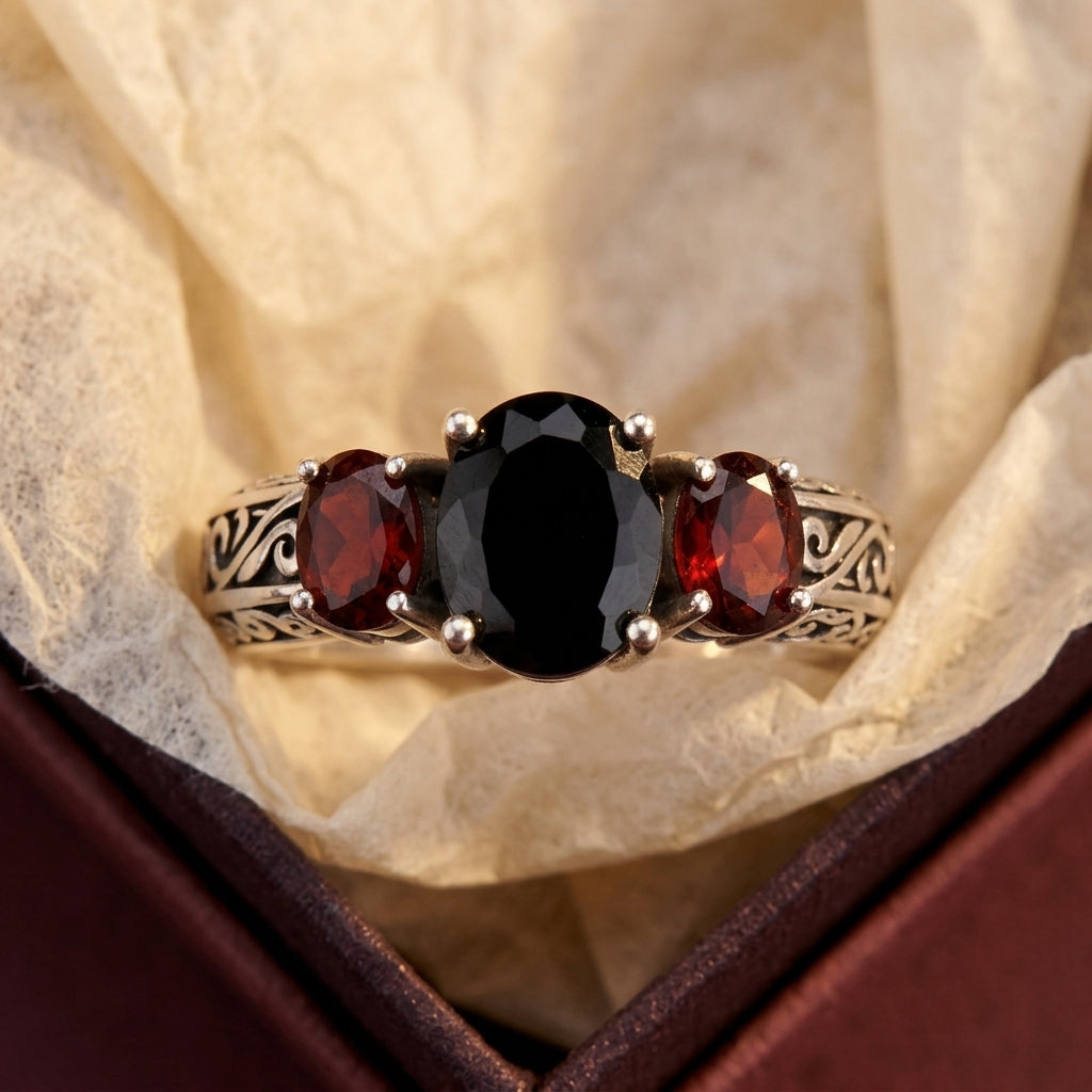 Onyx & Red Triple Stone Set Ring