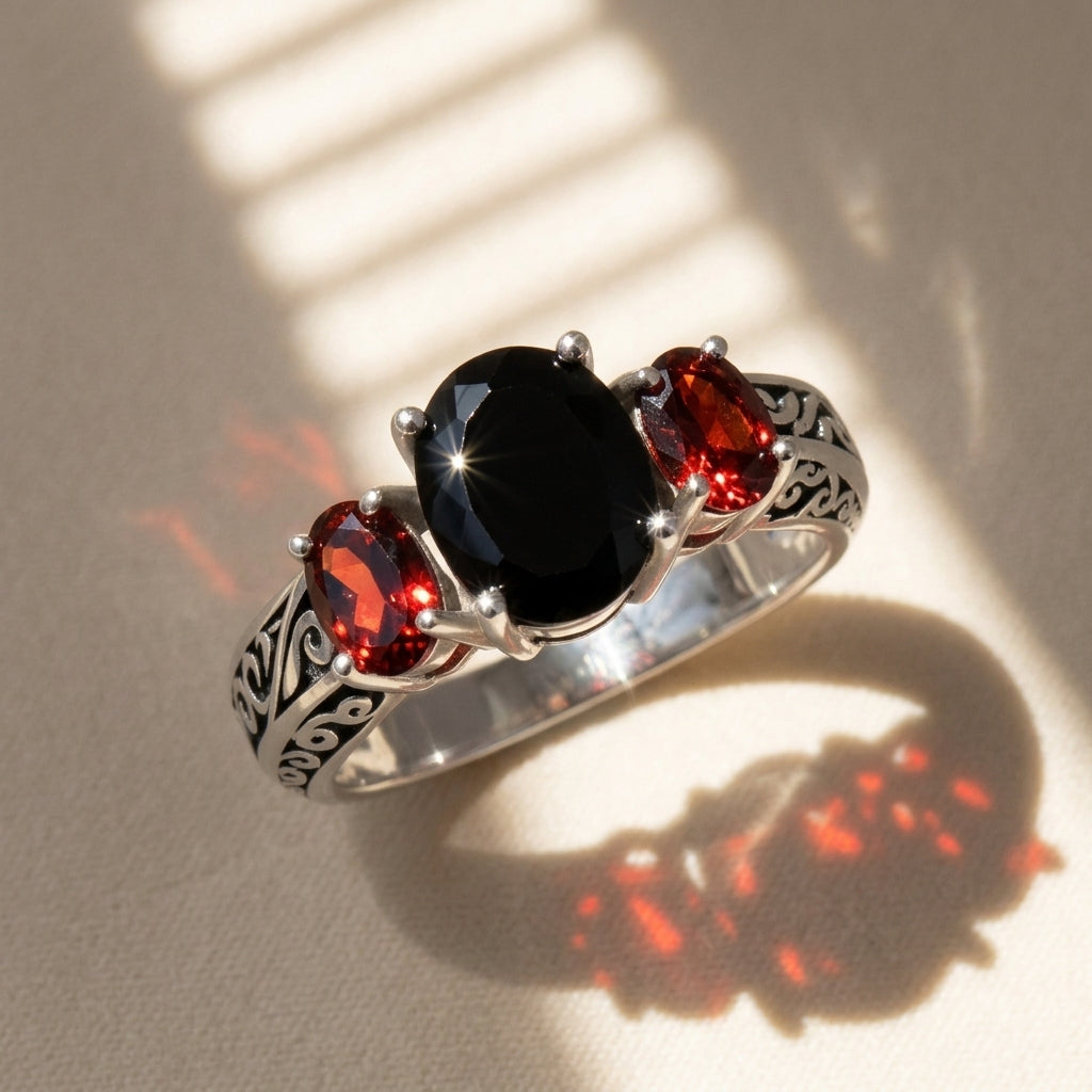 Onyx & Red Triple Stone Set Ring