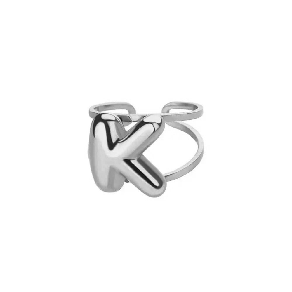 Adjustable Open Band Bubble Letter Initial Ring - Veinci