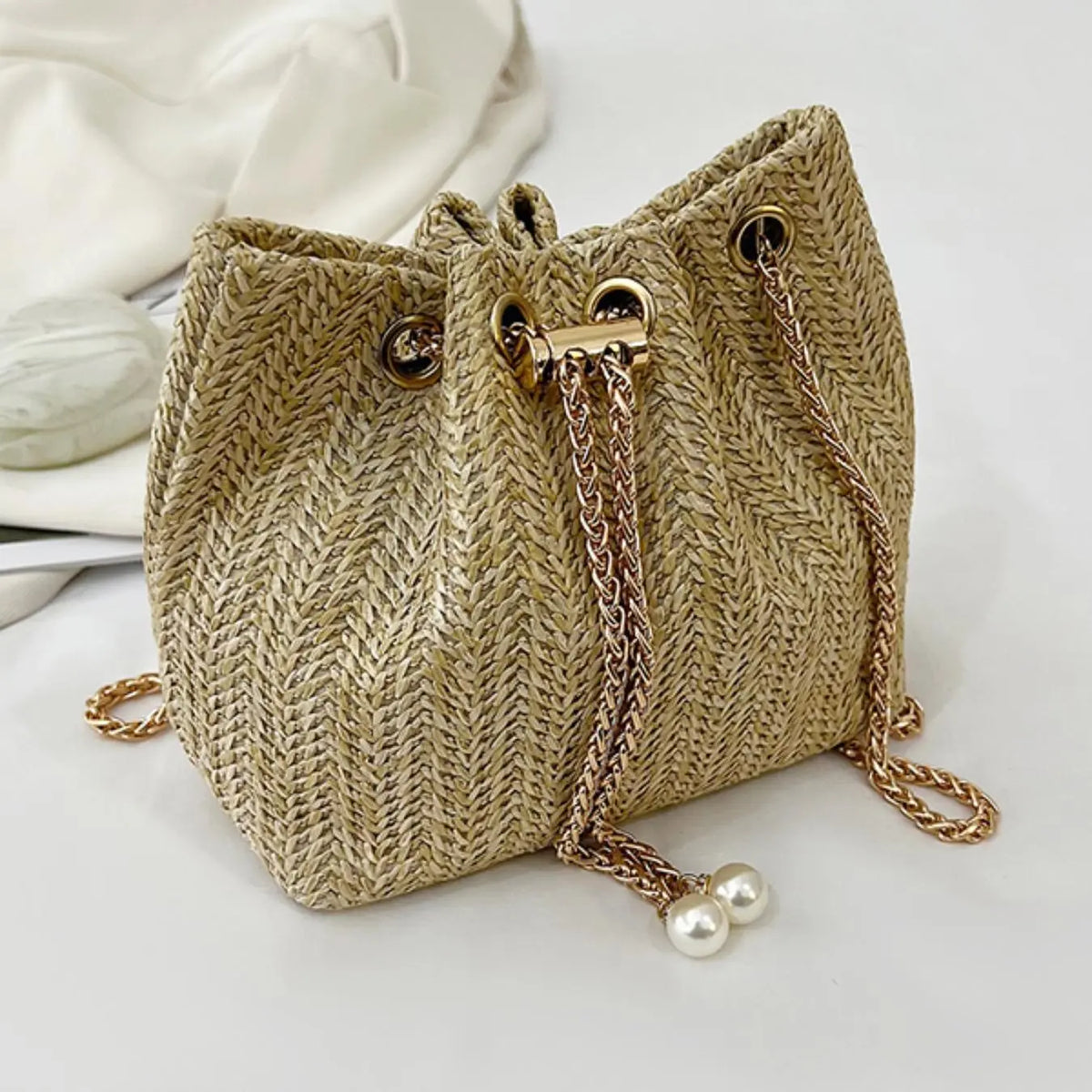 Boho Woven Drawstring Bucket Bag