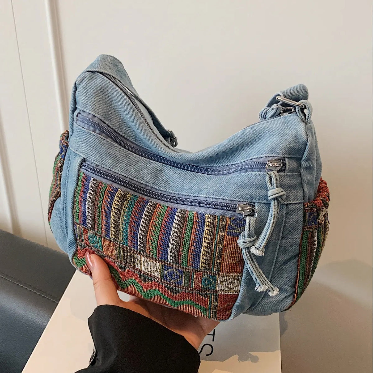 Vintage Denim Patchwork Shoulder Bag