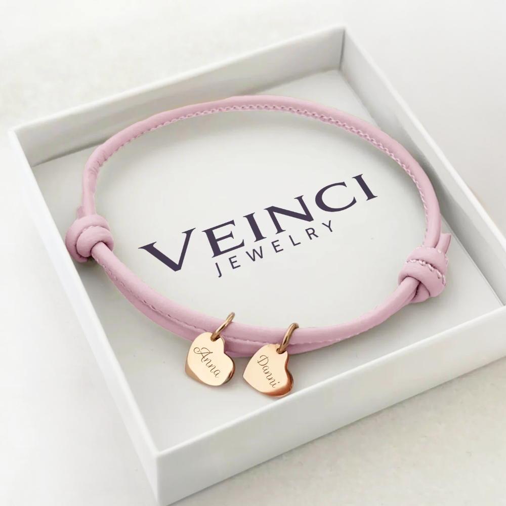 18k Personalized Leather Heart Charm Bracelet