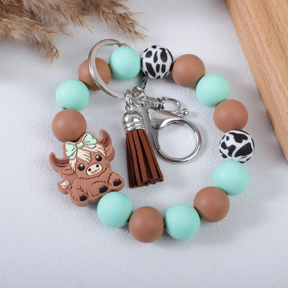 Cute Cow Charm Beaded Wrist Keychain