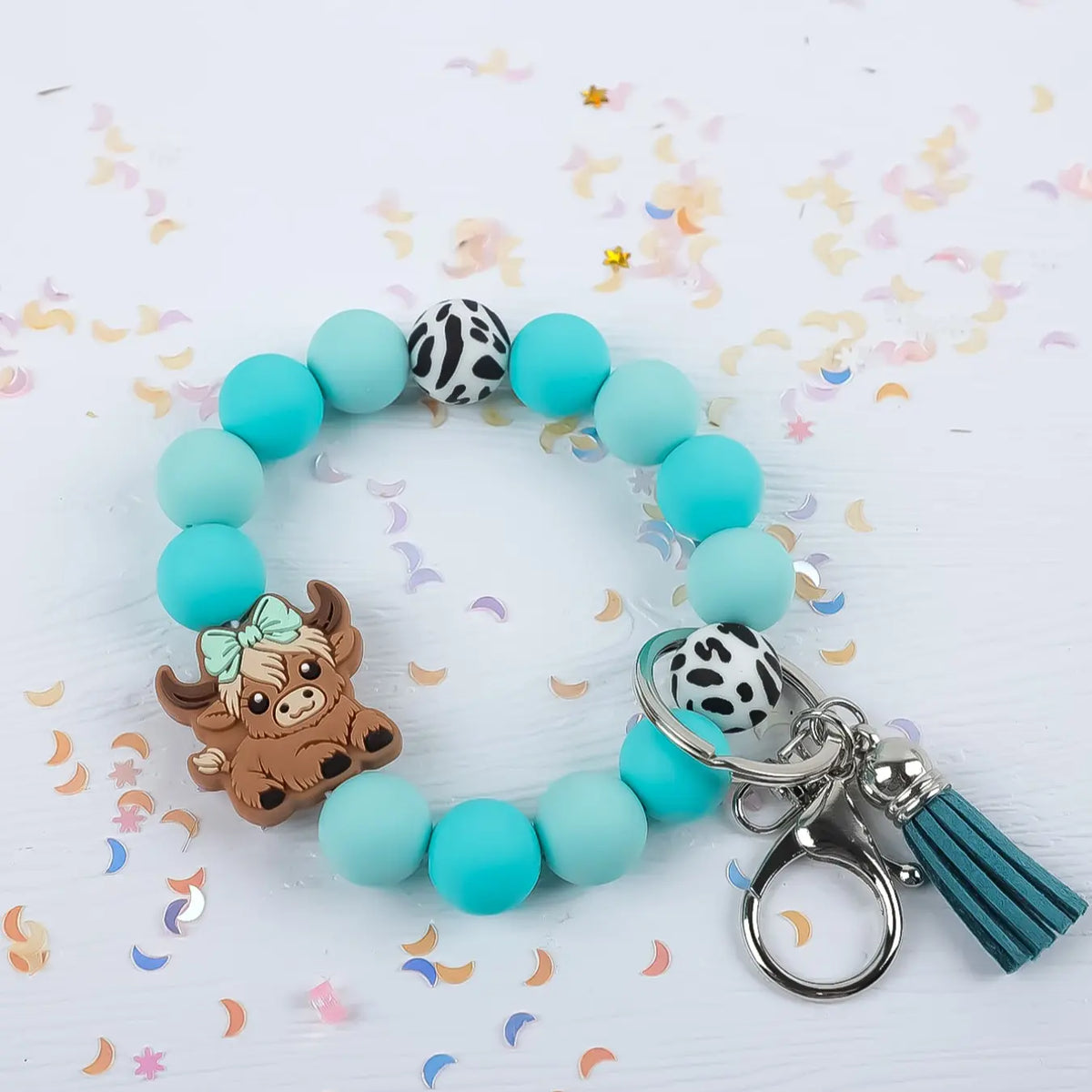 Cute Cow Charm Beaded Wrist Keychain