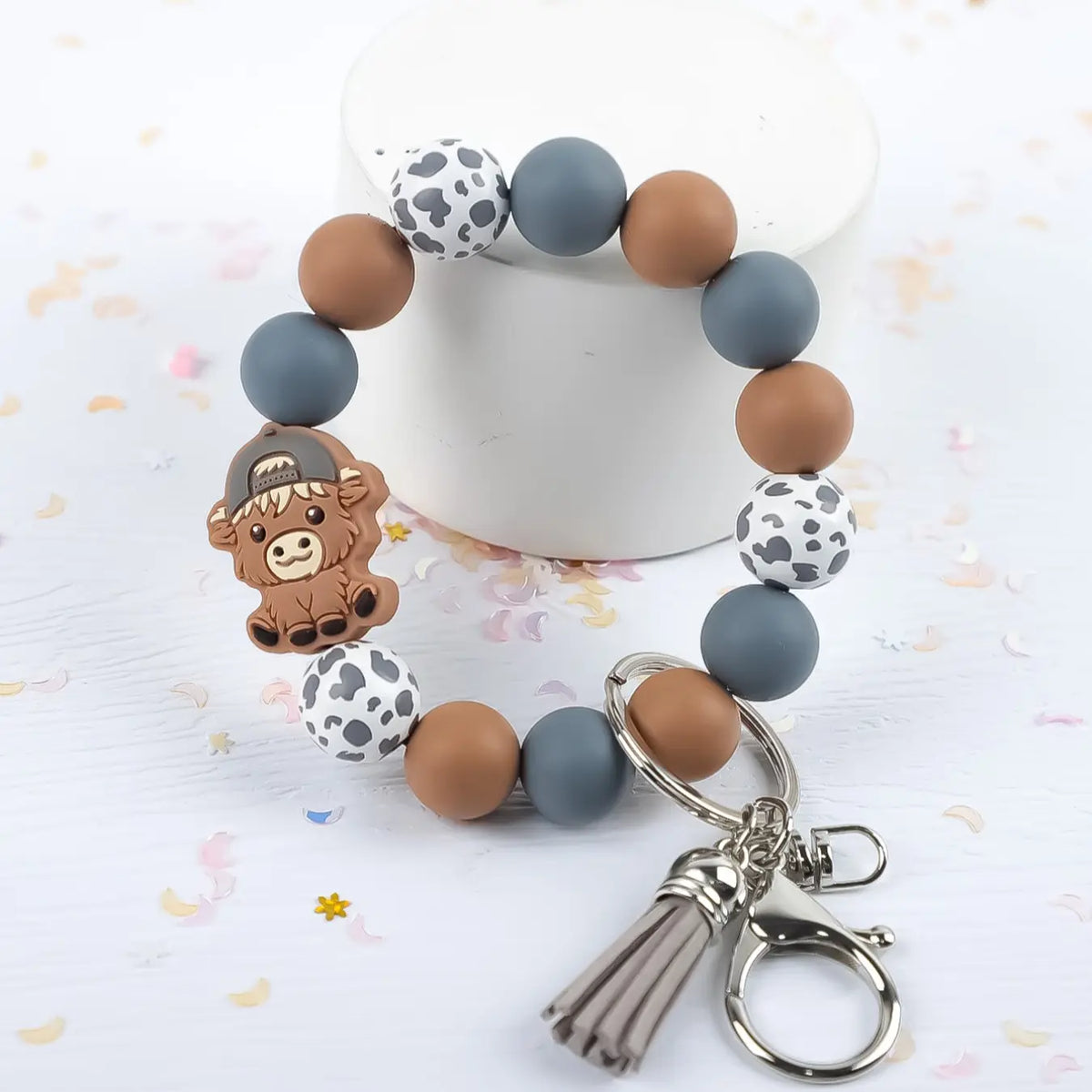 Cute Cow Charm Beaded Wrist Keychain