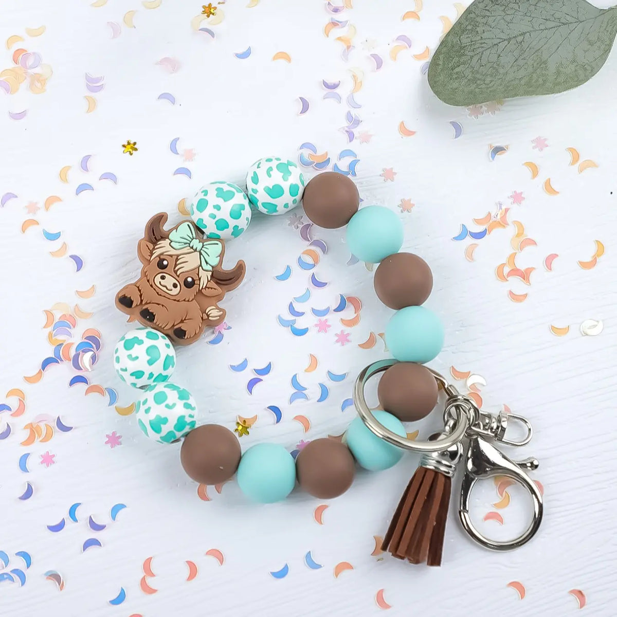Cute Cow Charm Beaded Wrist Keychain