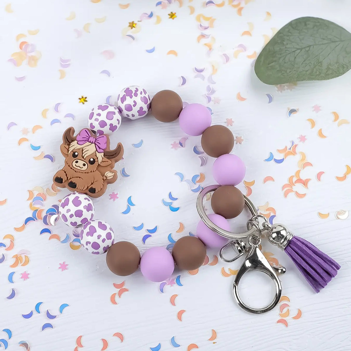 Cute Cow Charm Beaded Wrist Keychain