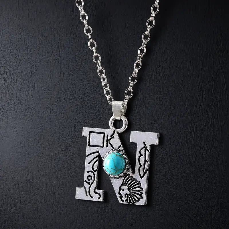 Boho Turquoise Accented Letter Initial Necklace