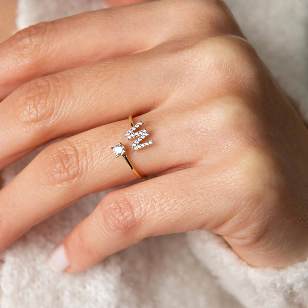 Adjustable Dainty Diamond Letter Initial Ring