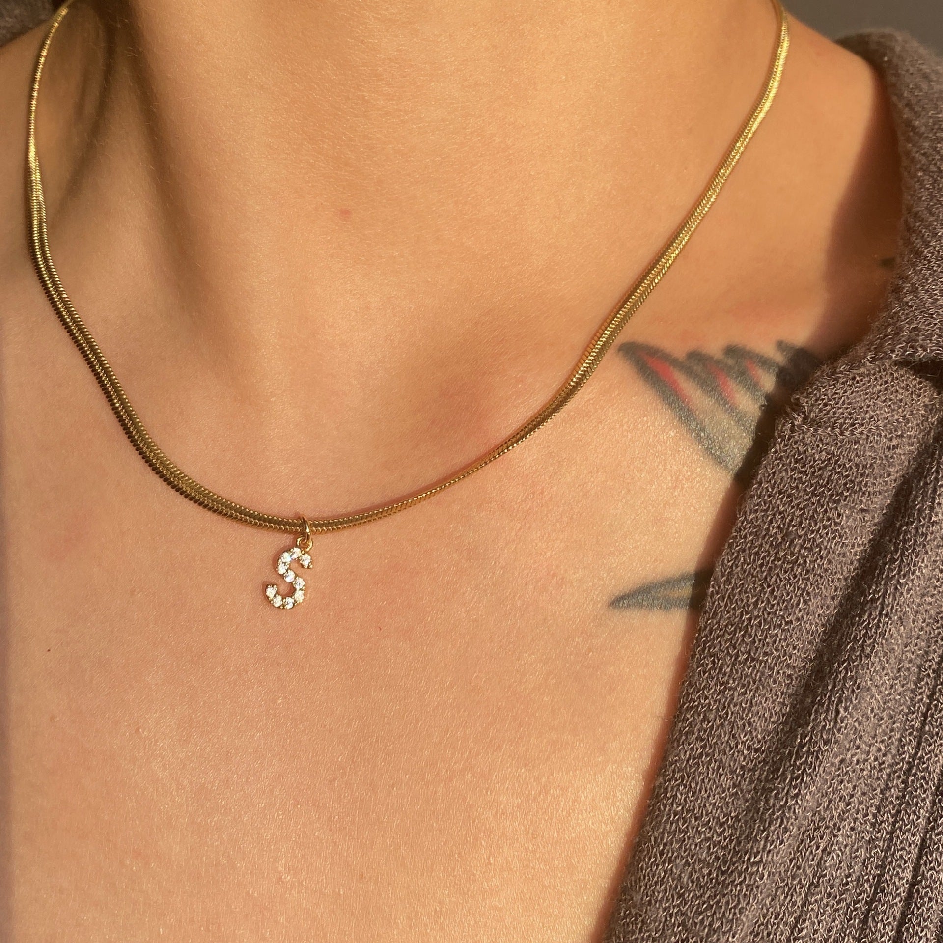 Dainty Diamond Letter Initial Herringbone Necklace