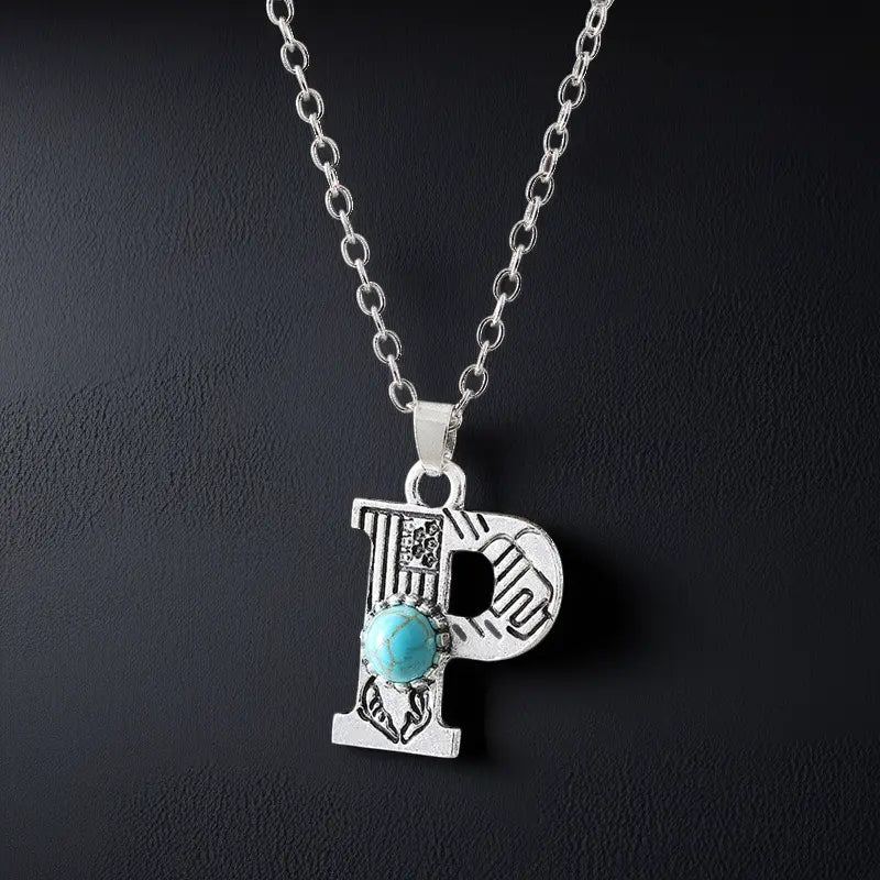 Boho Turquoise Accented Letter Initial Necklace