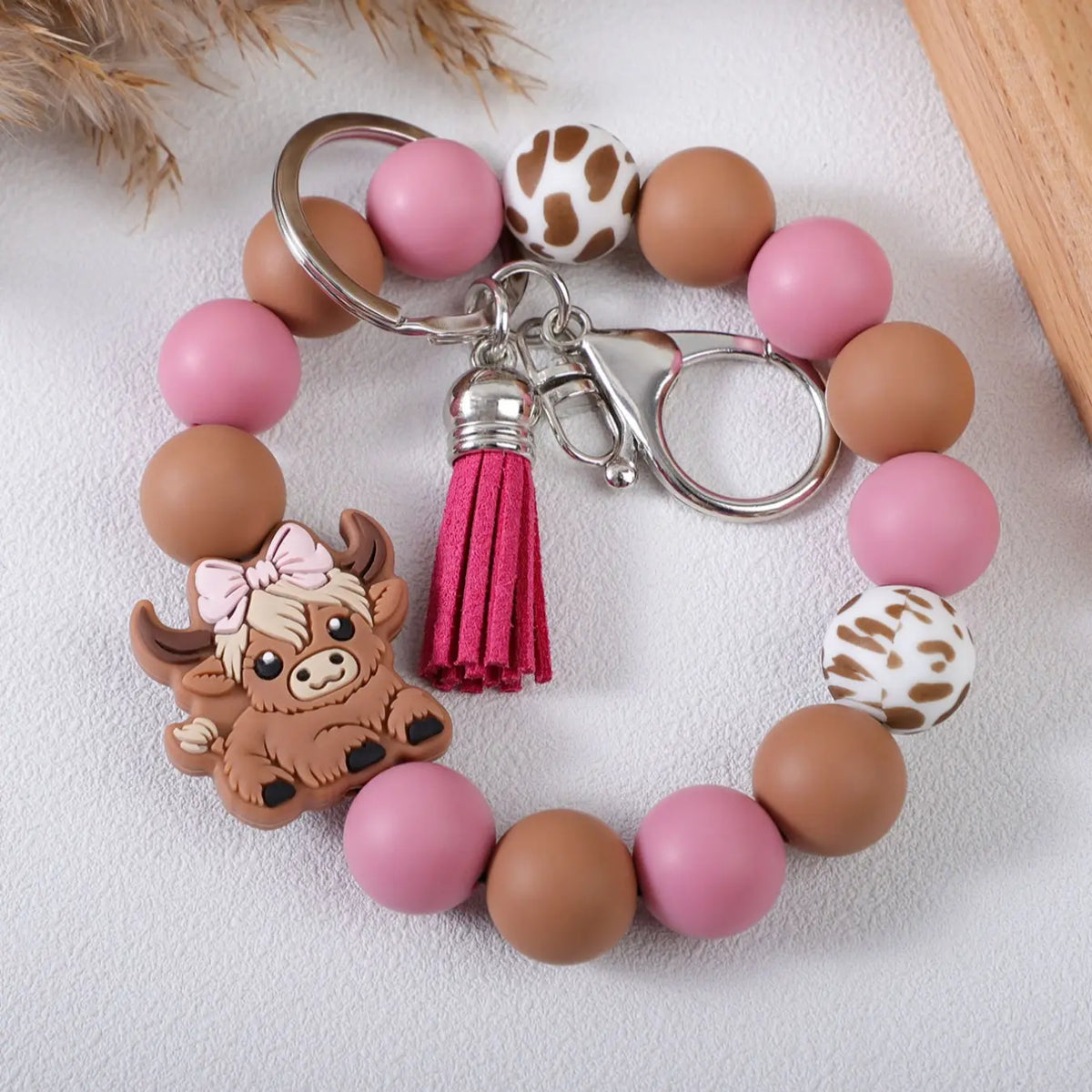 Cute Cow Charm Beaded Wrist Keychain