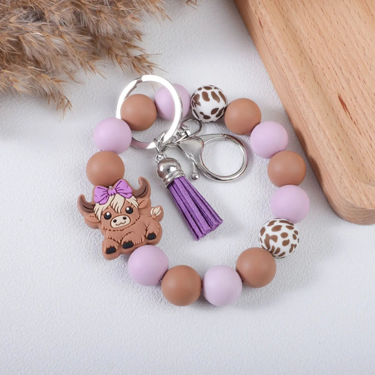 Cute Cow Charm Beaded Wrist Keychain