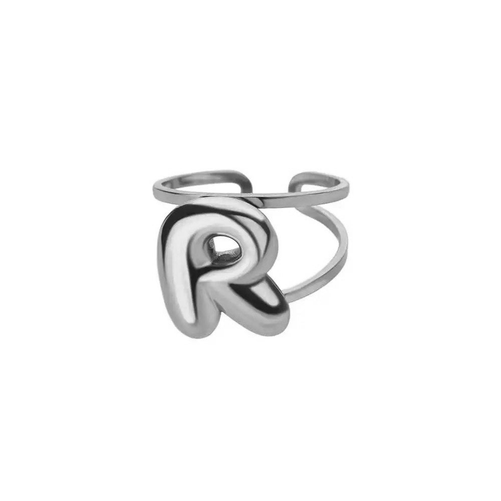 Adjustable Open Band Bubble Letter Initial Ring - Veinci