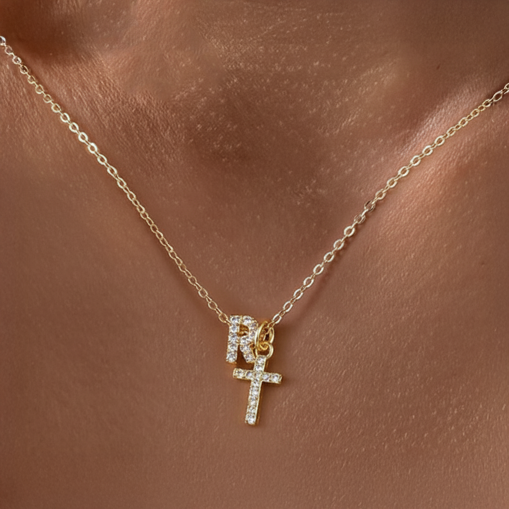 Dainty Diamond Initial & Cross Necklace