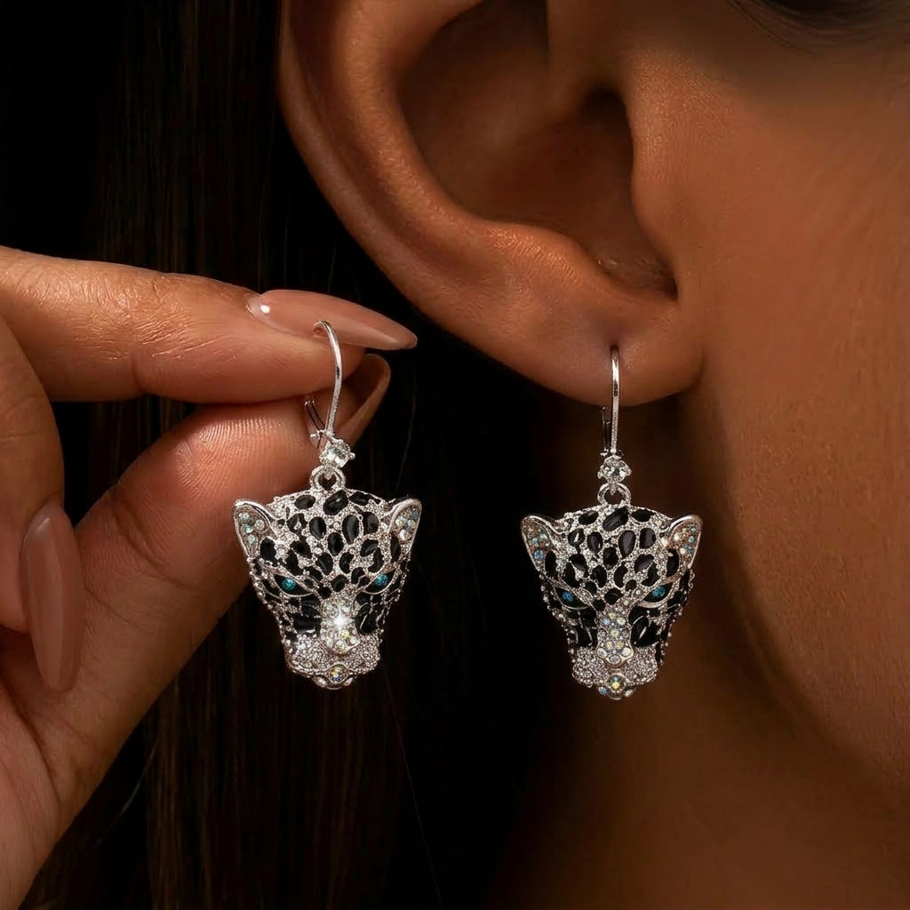 Leopard Head CZ Accented Drop Earrings